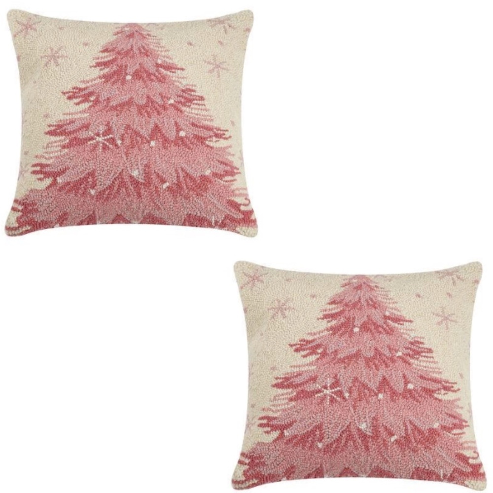 Set of 2 wool hooked Christmas tree pillows velvet back 18" Peking Handicraft